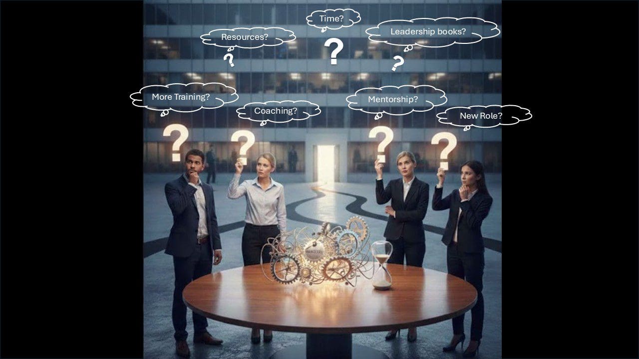 Business team pondering questions around table.