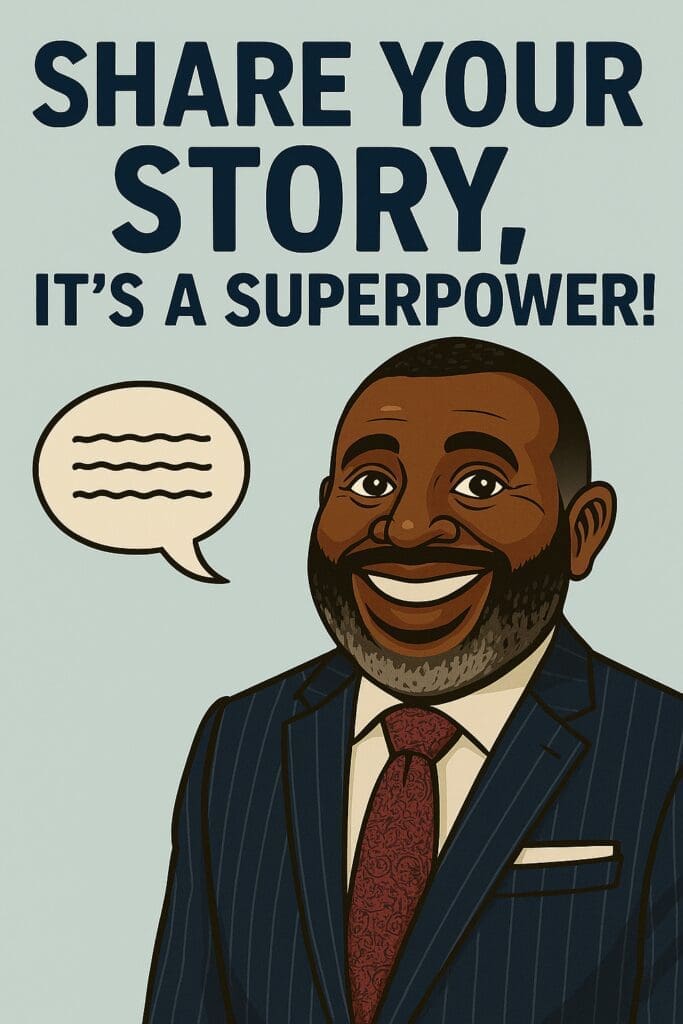 Smiling man in suit beside "Share your story