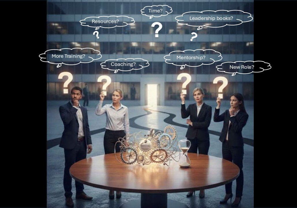 Business team pondering questions around table.