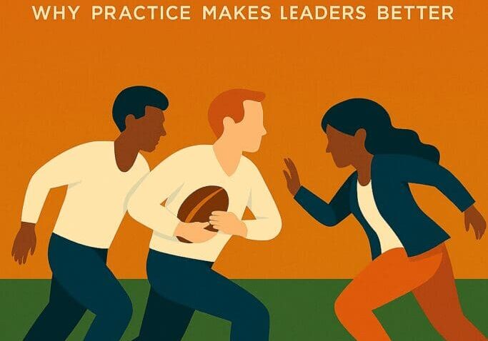 Leadership practice illustration with three people running.